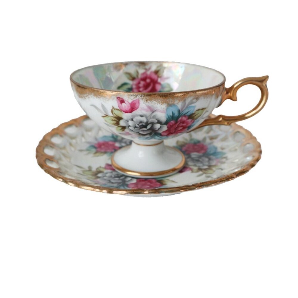 Vintage Lusterware Tea Cup and Saucer Teacup Footed Japan Bone China